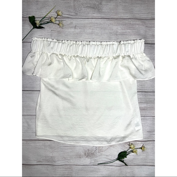 EXPRESS Off The Shoulder Smocked Ruffle Top in Ivory - Picture 7 of 14